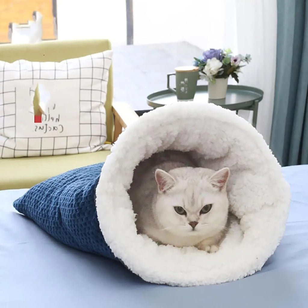 Gray cat winter sleeping bag with removable crinkle sack semi-enclosed cave for cats up to 6kg, 50x47cm bag body