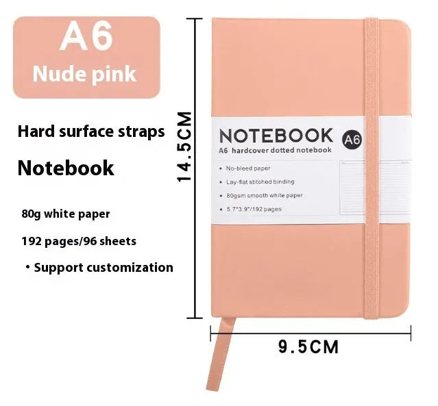 A5 soft touch PU leather strap diary open showing lined pages, closed with elastic band, in a choice of colours.