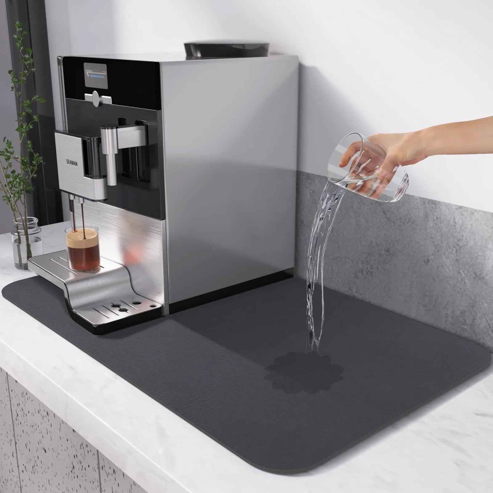 Square super absorbent drain mat with rubber backing in black or blue on a kitchen counter.