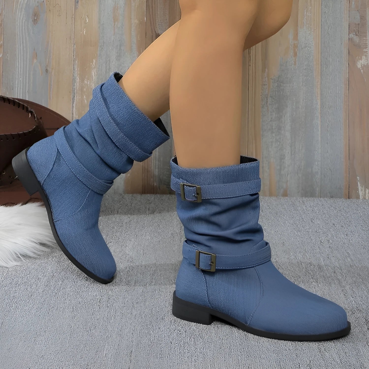 Square heel round toe women's boots in brown artificial PU with leather stitching and rubber sole