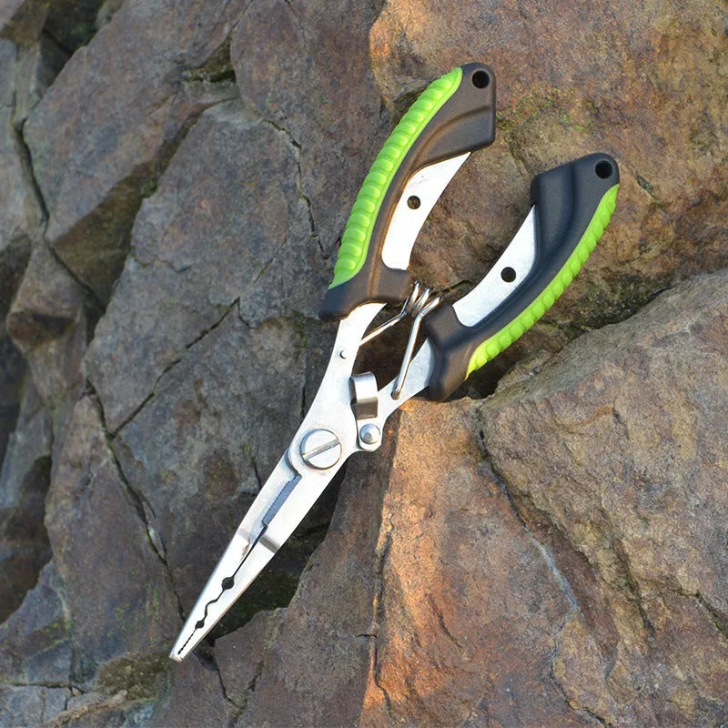 Medium straight mouth fishing pliers with hook, blue ABS handle and nylon carry strap on a grey background.