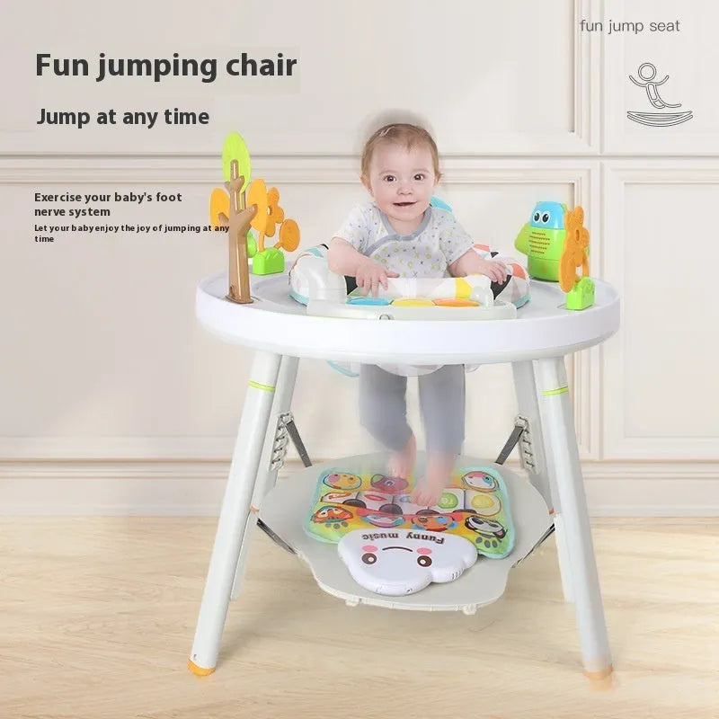 Baby jumping chair with three functions: bouncing, gymnastic rack, and developmental training stations