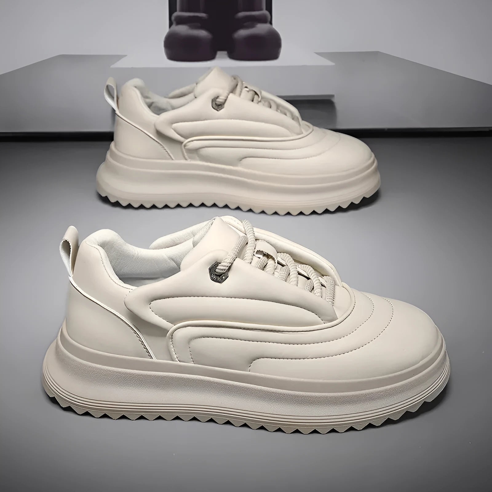PU leather thick bottom bread shoes in matte cowhide, showing low heel design.