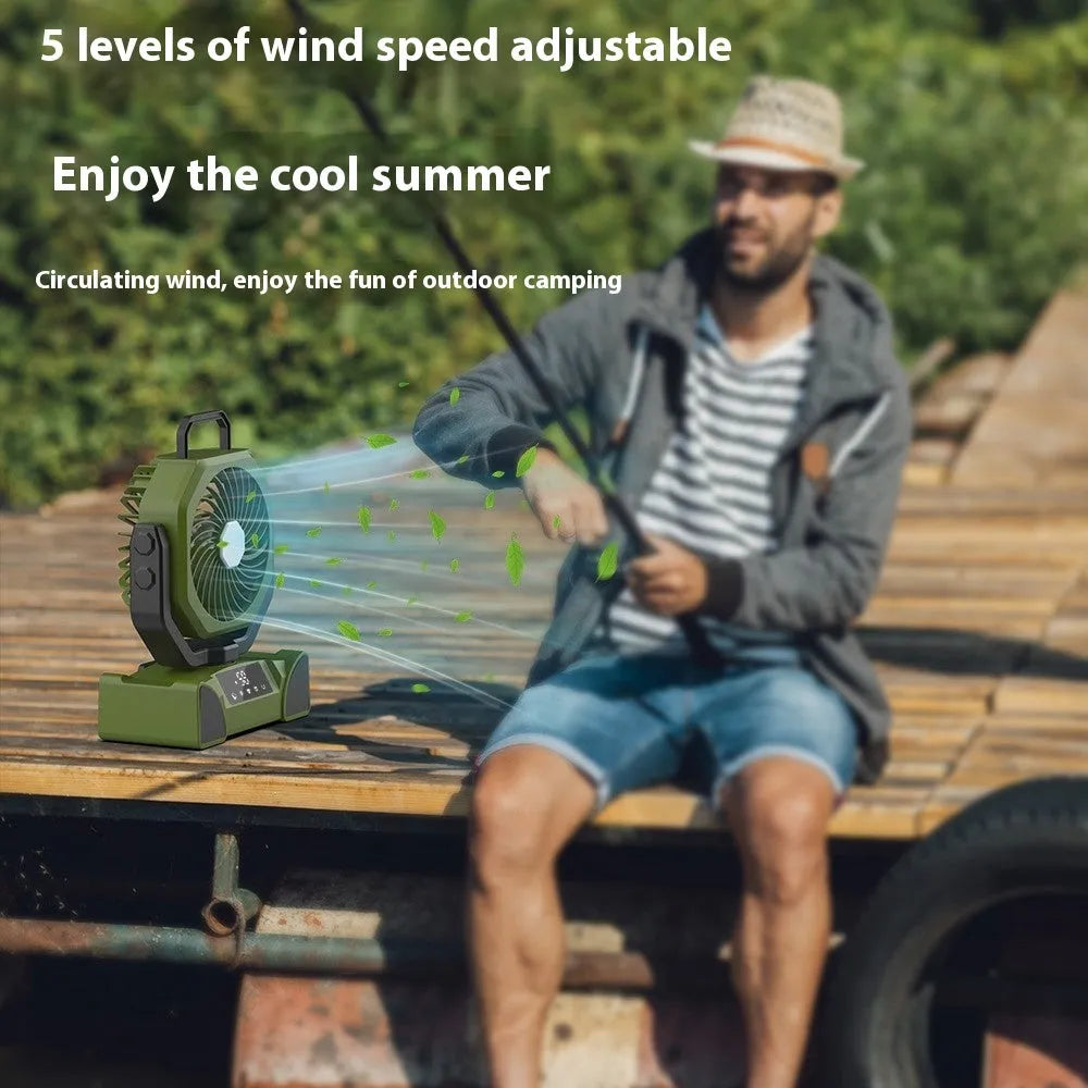 Orange, green, or black outdoor solar fan with digital display, touch controls, 207x108x260mm, 12-hour battery life, remote control included.