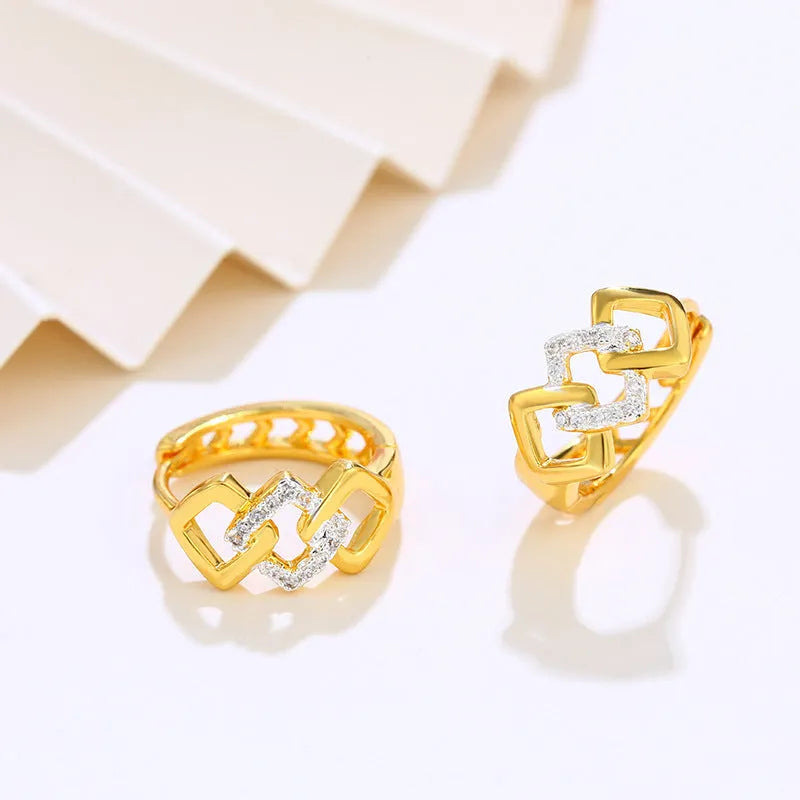 Gold geometric hollow-out clip-on earrings with electroplated alloy construction