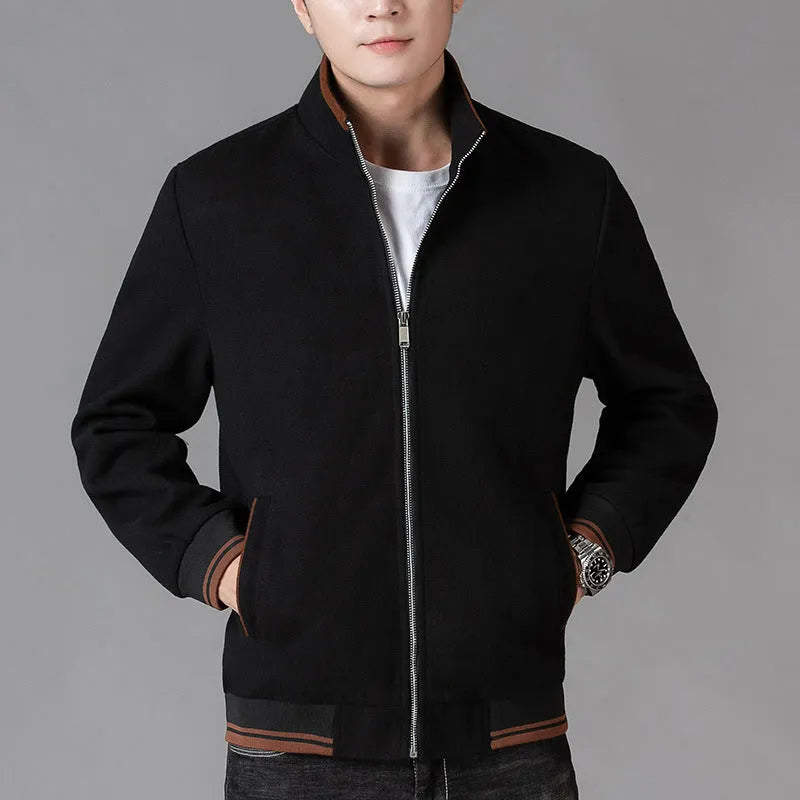 Men's grey sport fleece jacket with long sleeves and a stick pocket, shown on a hanger.