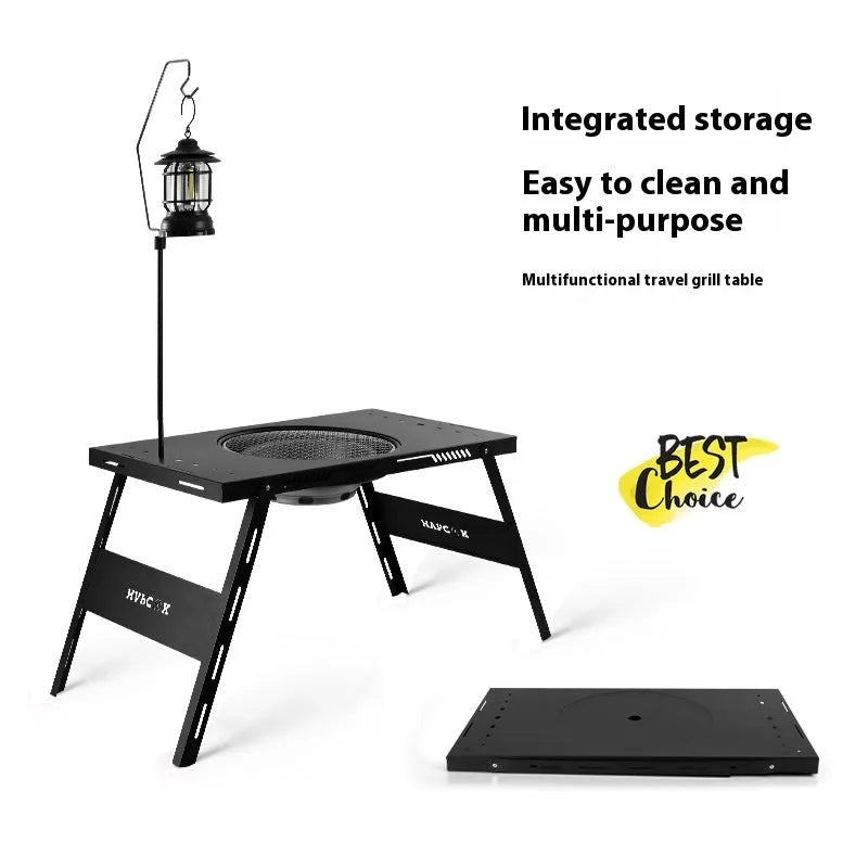 Folding multifunctional travel barbecue table with black steel construction and integrated cooking surface
