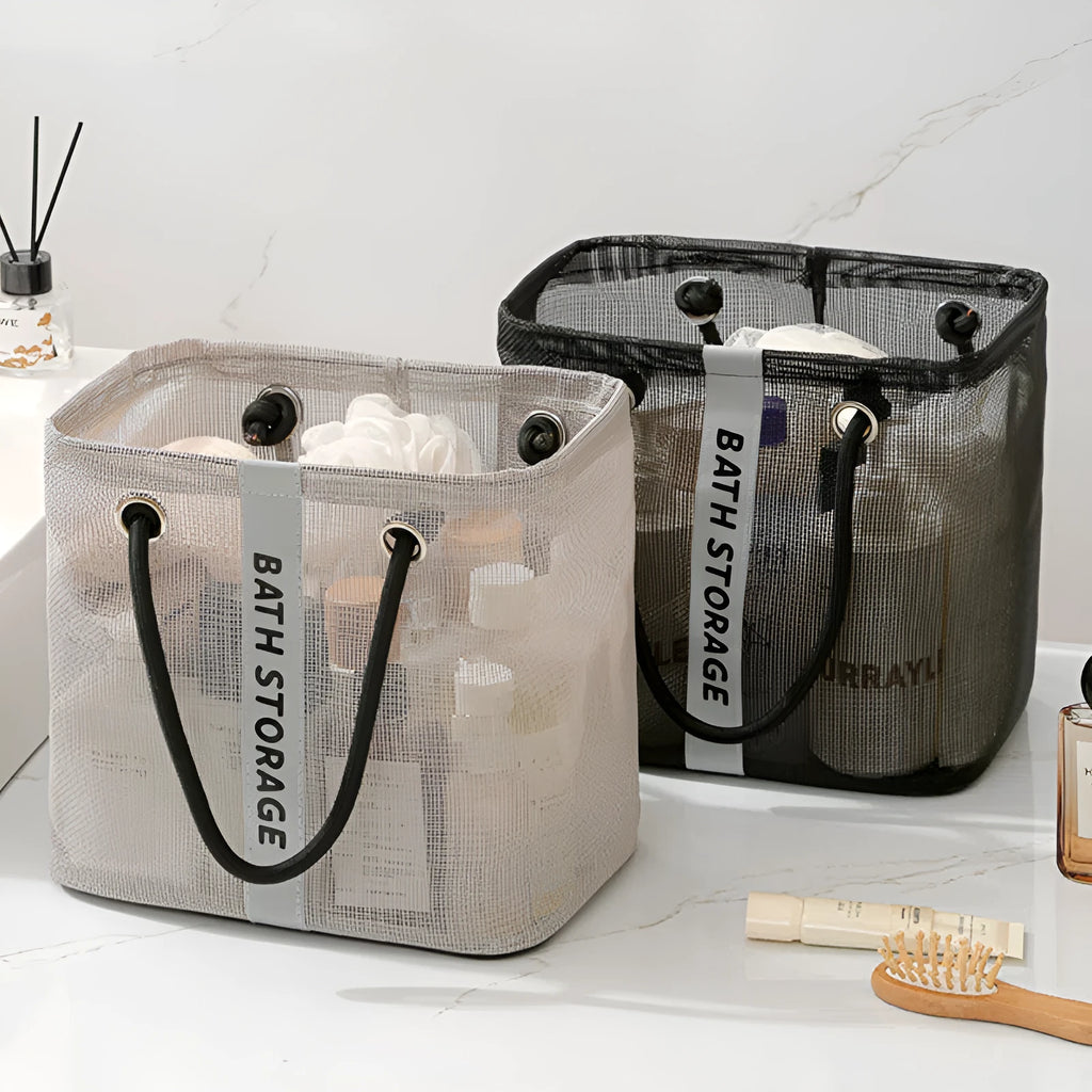 Foldable mesh grid storage bag in gray or black, short or long style, for travel toiletries and small items.