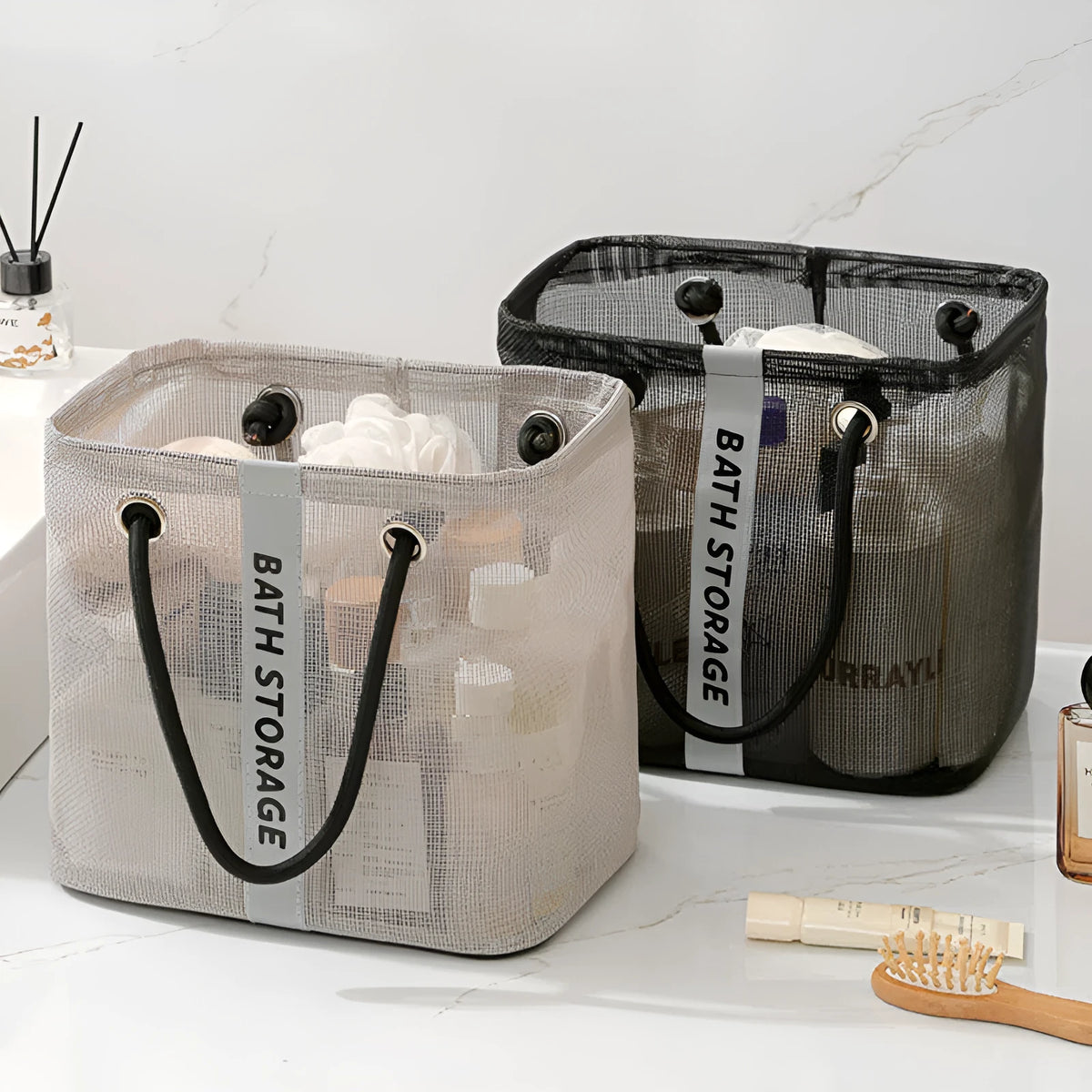 Foldable mesh grid storage bag in gray or black, short or long style, for travel toiletries and small items.