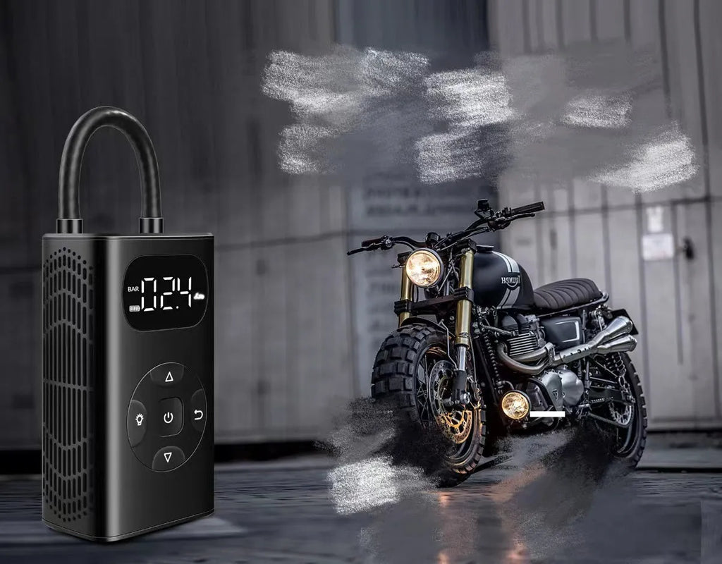 Black portable USB air compressor power bank with inflatable hose for car and bike tyres