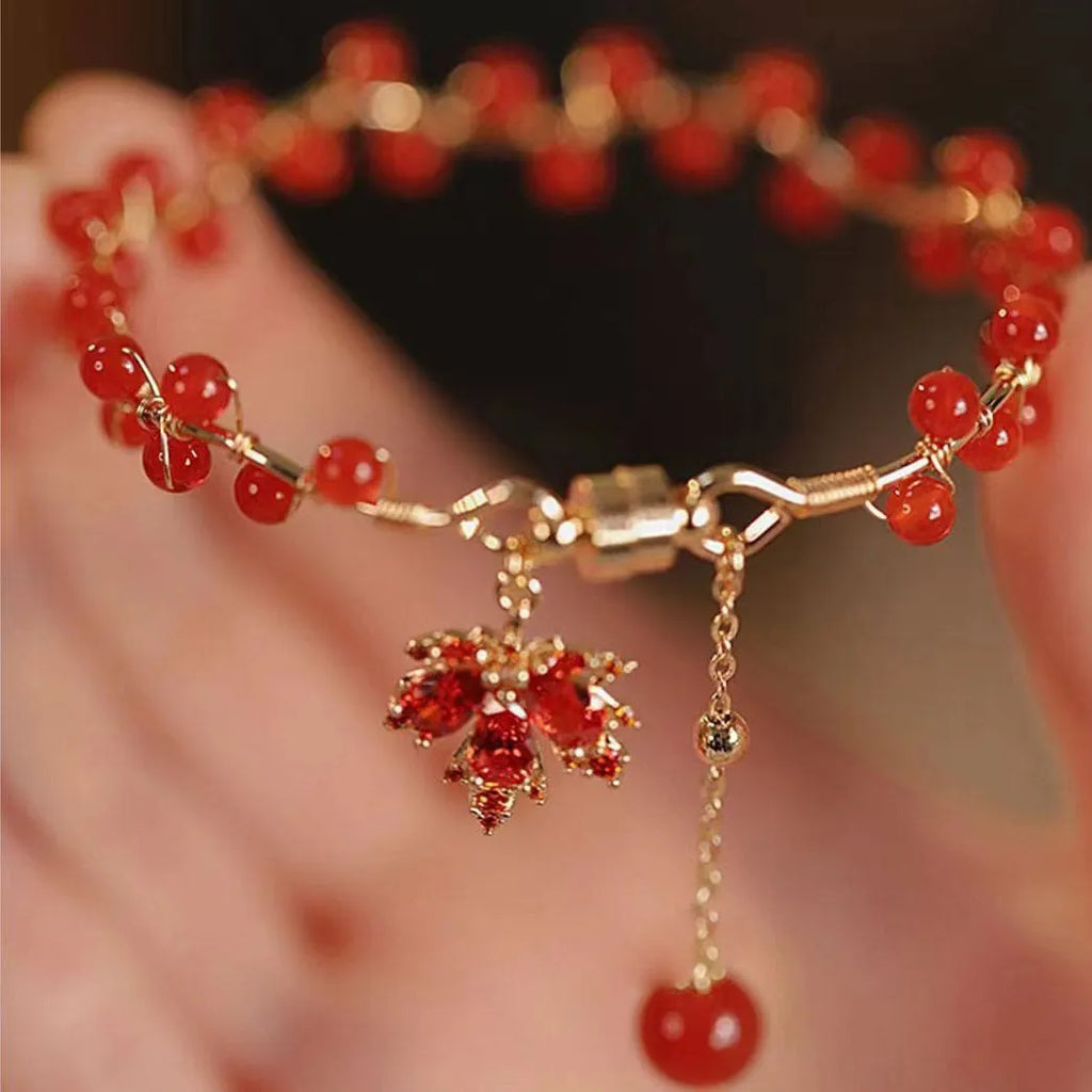 Red ginkgo leaf maple charm magnetic bracelet with Chinese style design on alloy band