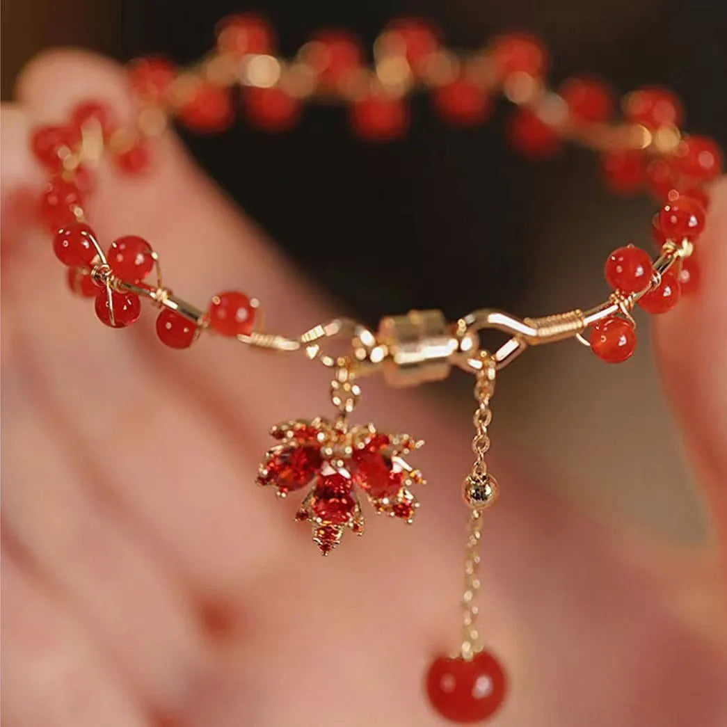 Red ginkgo leaf maple charm magnetic bracelet with Chinese style design on alloy band