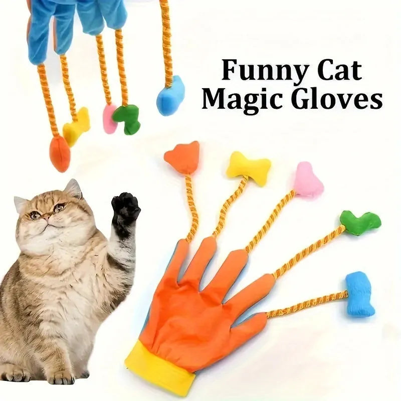 Yellow and blue plush glove cat toy with bell measuring 40cm length
