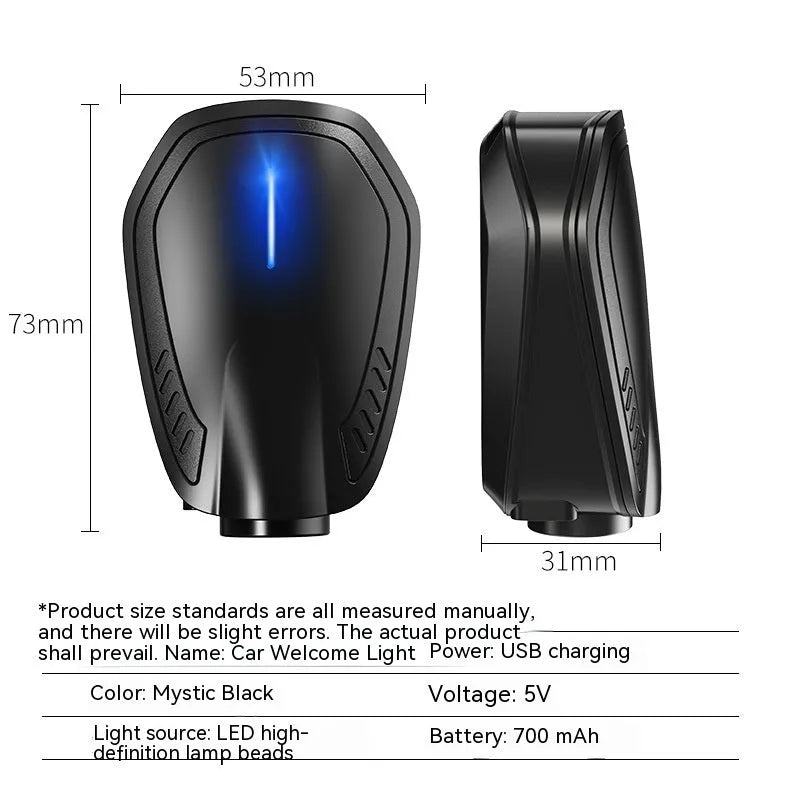 F2 rechargeable wireless car welcome light in black with ABS plastic housing