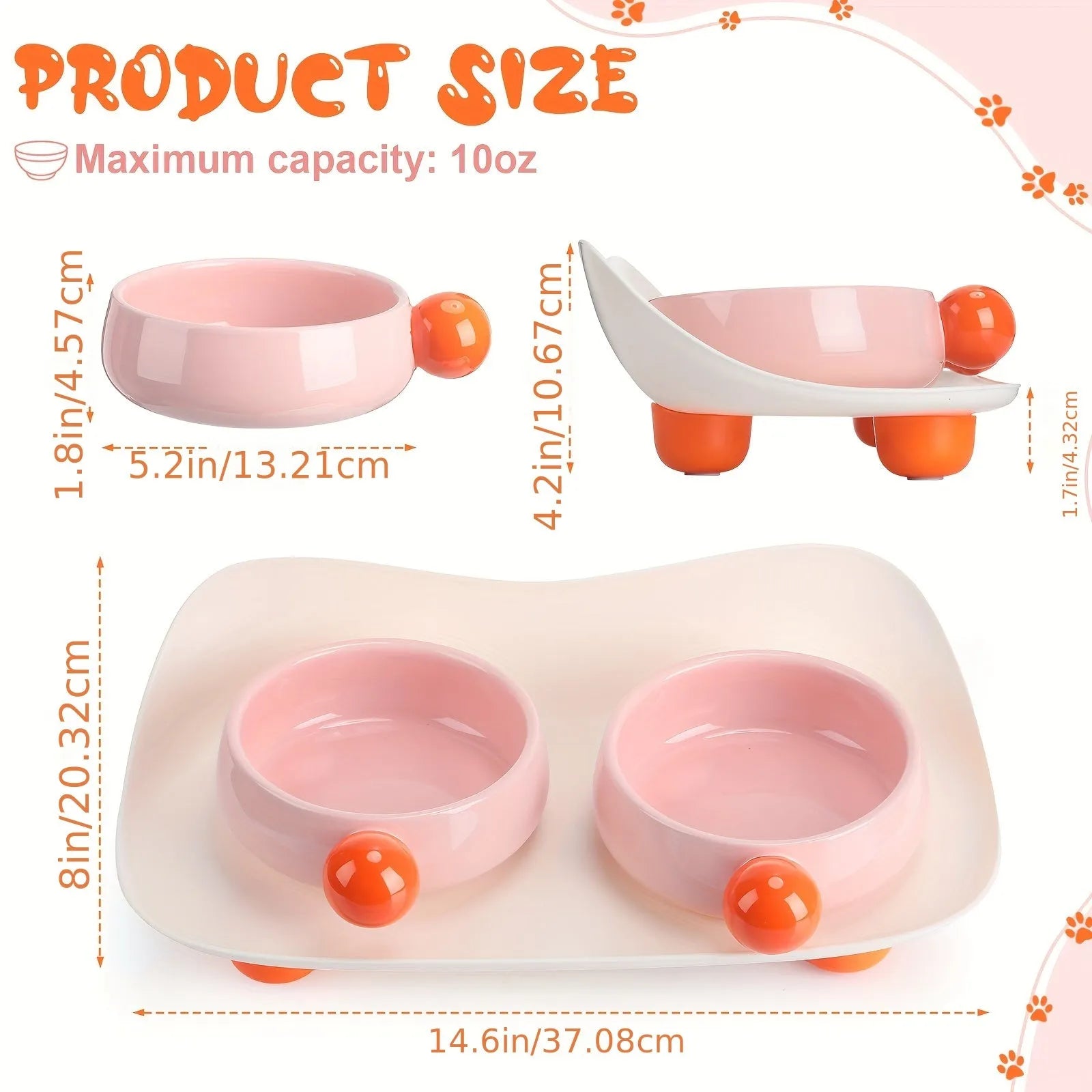 Raised ceramic pet feeding bowl set with two bowls in pink yellow colour on a non-slip base.