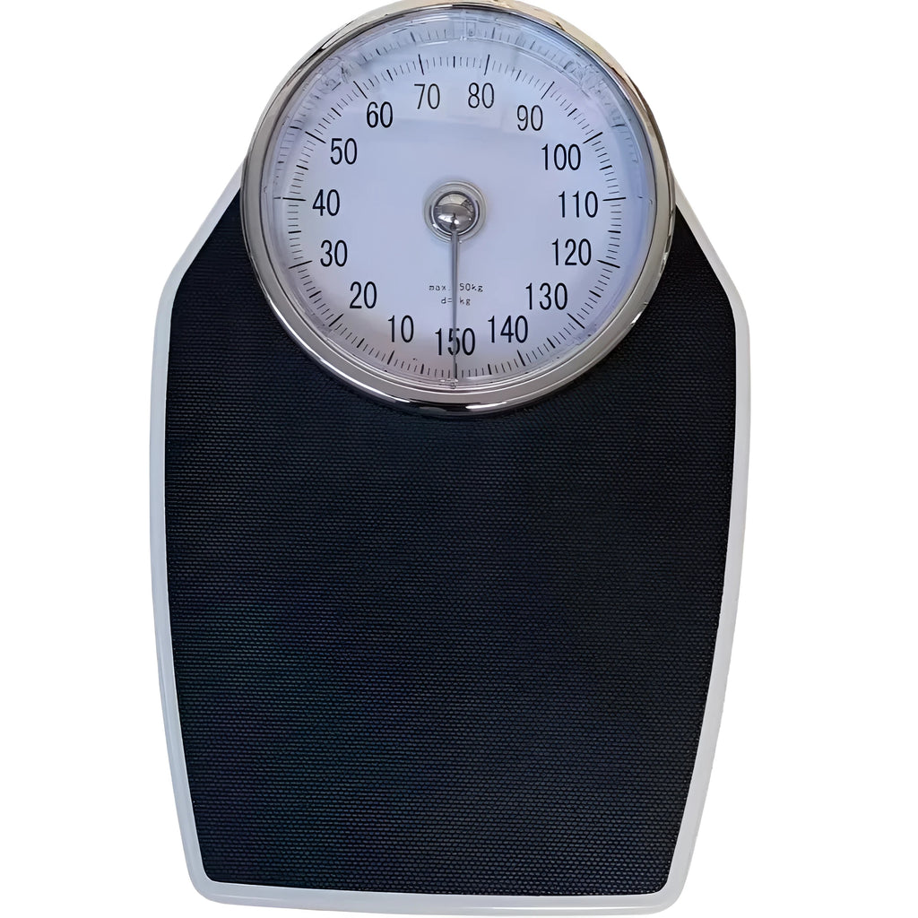 Black mechanical bathroom scale with analogue dial showing weight measurements