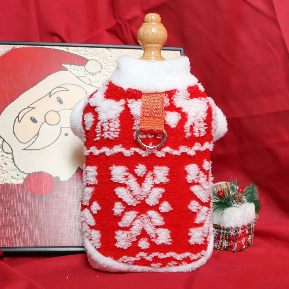 Christmas plush pet hoodie in green with traction rope buckle, sizes XS to XXL for small dogs and cats.