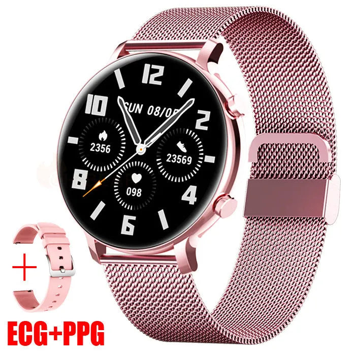 Black Bluetooth smartwatch with stainless steel strap showing call and heart rate monitoring functions on screen.