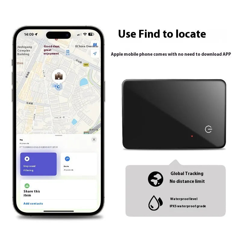 Black card-shaped pet tracking device with wireless charging and NFC capabilities