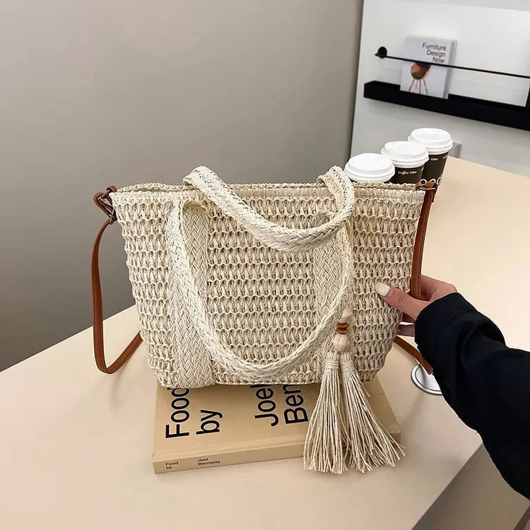 Women's woven straw crossbody shoulder bag in milky white colour with large capacity design