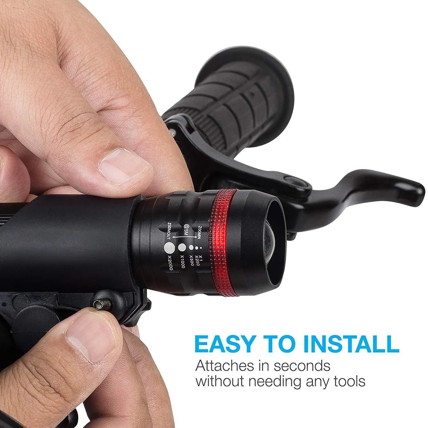 Bicycle headlight and red taillight set with a universal handlebar mounting bracket.