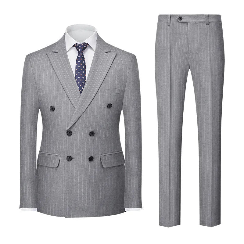Men's slim fit double-breasted suit in a grey colour, showing the two-button front and matching trousers.