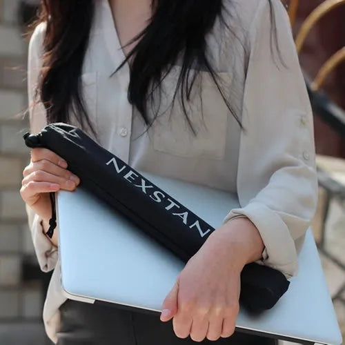 Sagacious black foldable laptop stand with lifting mechanism and carrying case