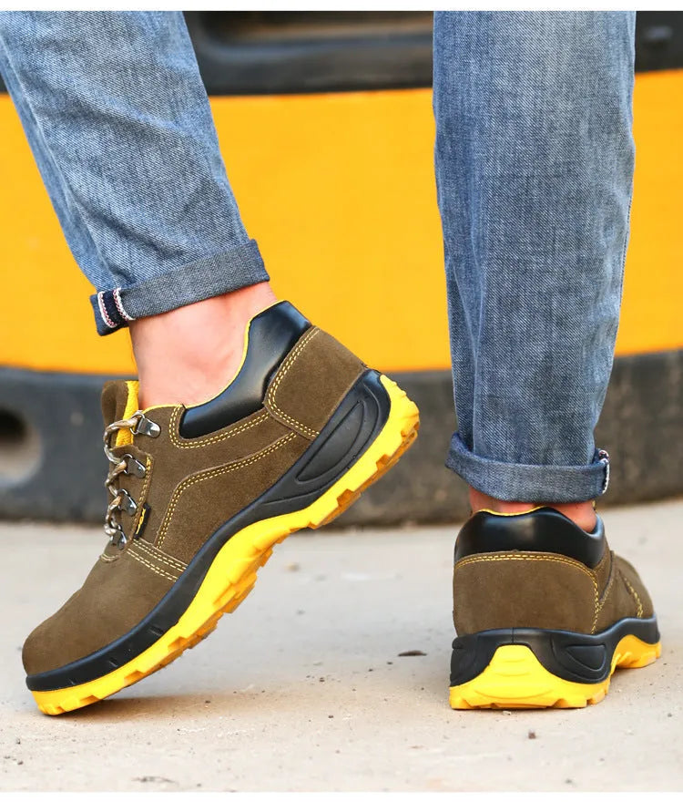 Bronze coloured steel toe safety shoes with cow suede upper and patterned anti-skid sole