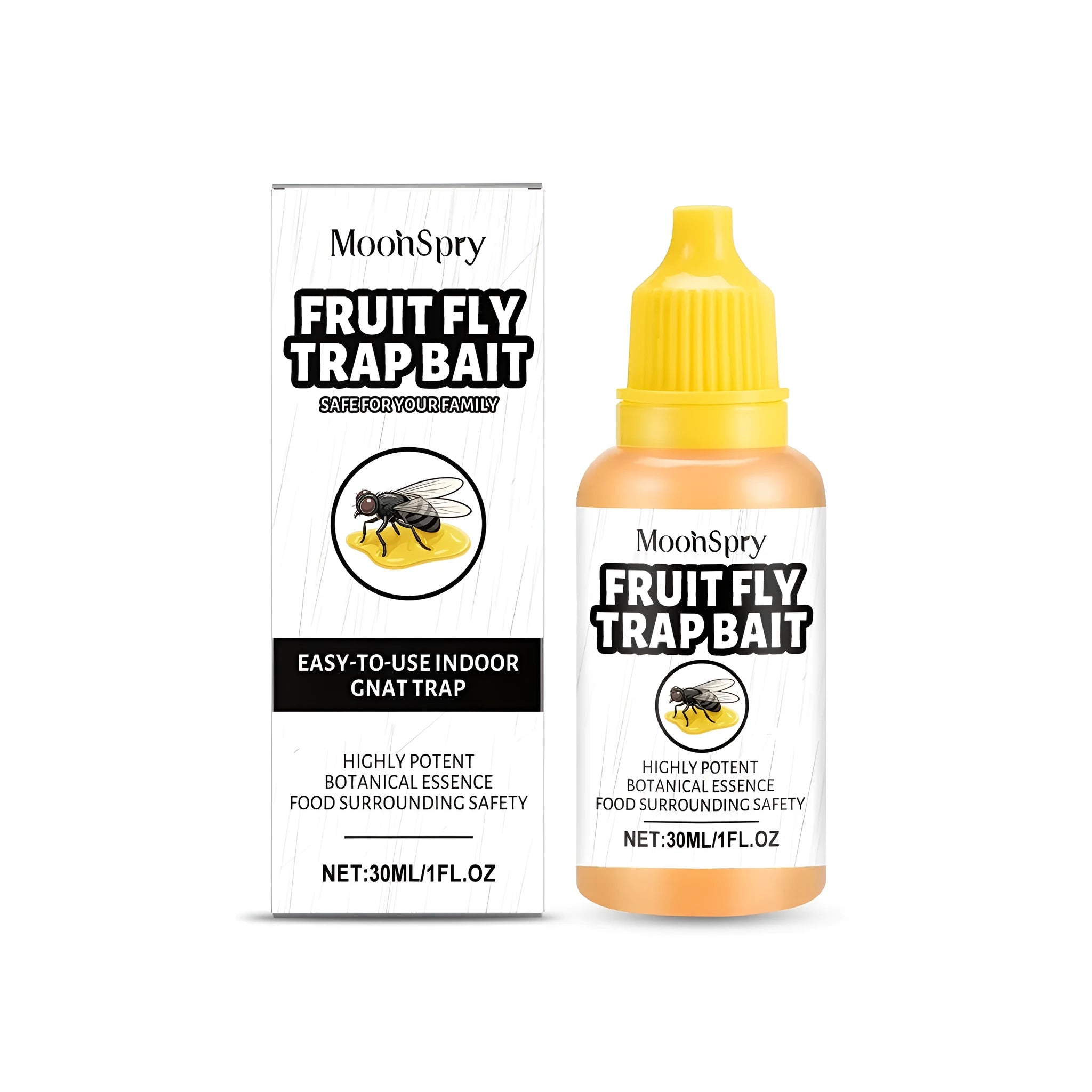 30ml bottle of clear liquid fruit fly trap bait with label, shown next to a generic fly trap.