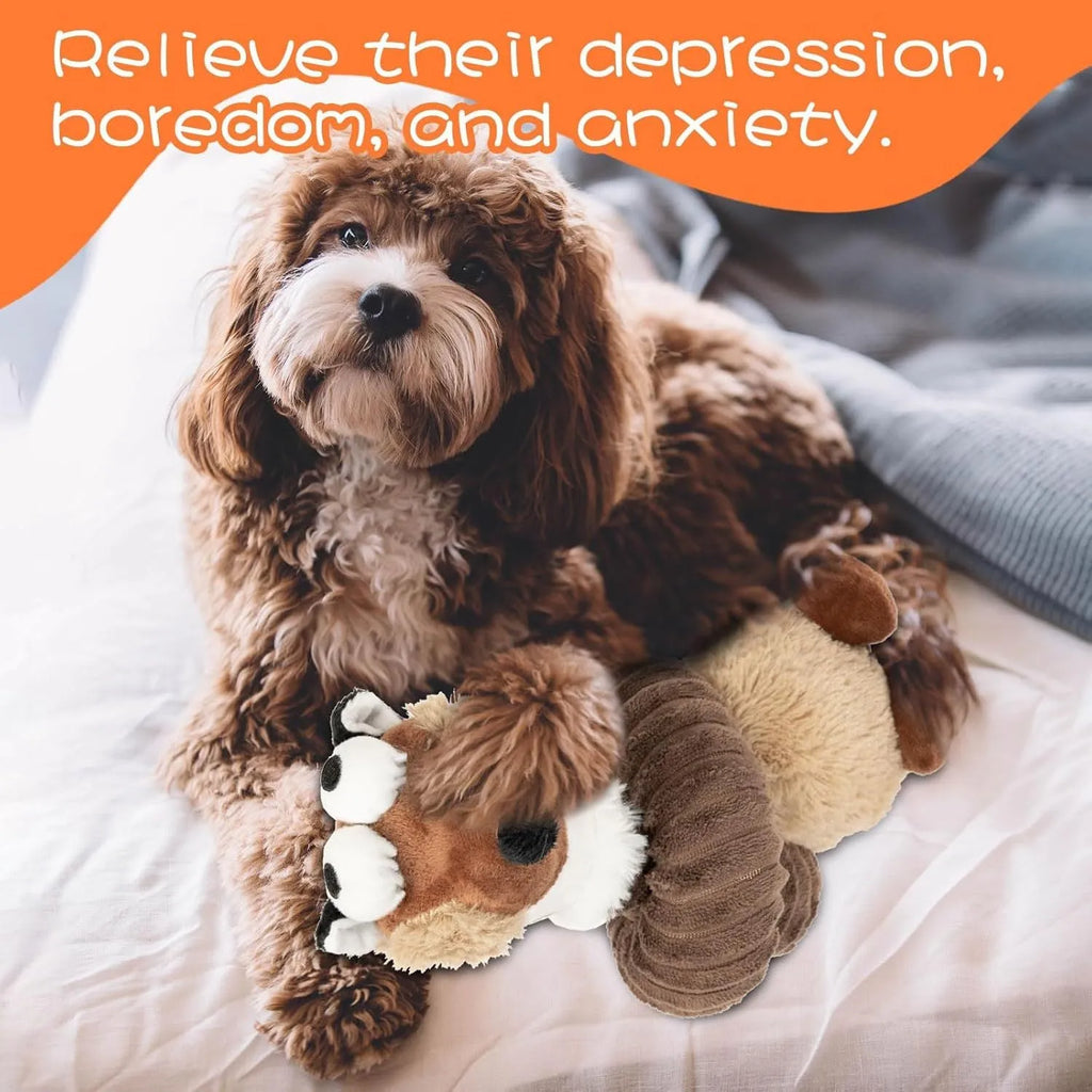 Foldable plush dog toy in brown, grey, or yellow with squeaker and crinkle sounds