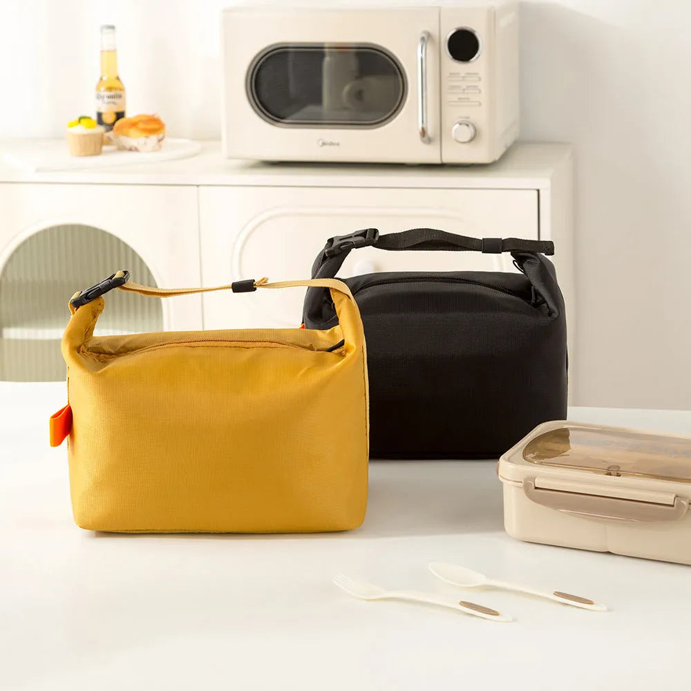 Insulated Japanese-style lunch bag in Army Green Oxford cloth showing size and opening.