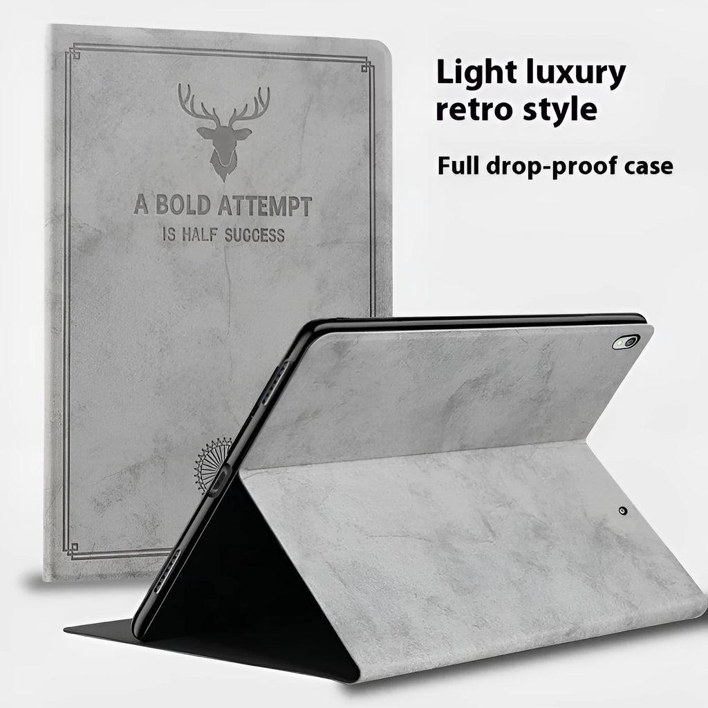iPad protective clamshell case in TPU leather showing Black Elk colour option.