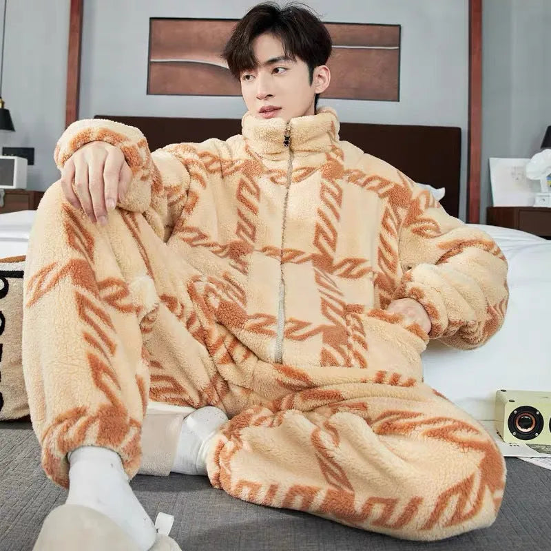 Men's thickened zipper pyjamas in artificial silk fabric colour H020, front view