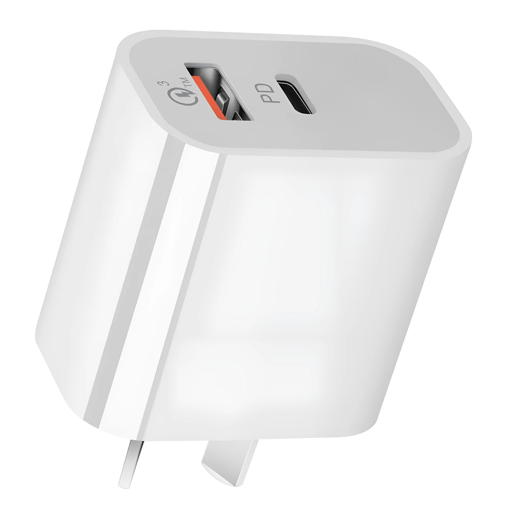 White Australian dual USB wall charger with Type-A and Type-C ports measuring 63x40x22mm