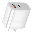 White Australian dual USB wall charger with Type-A and Type-C ports measuring 63x40x22mm