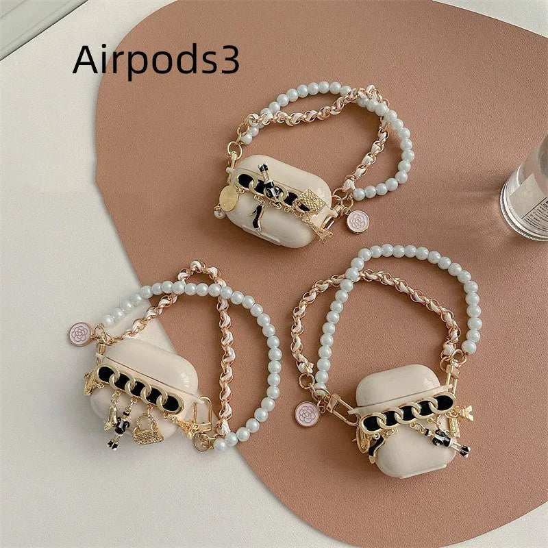 Off-white silicone AirPods case with pearl charm, five-piece set