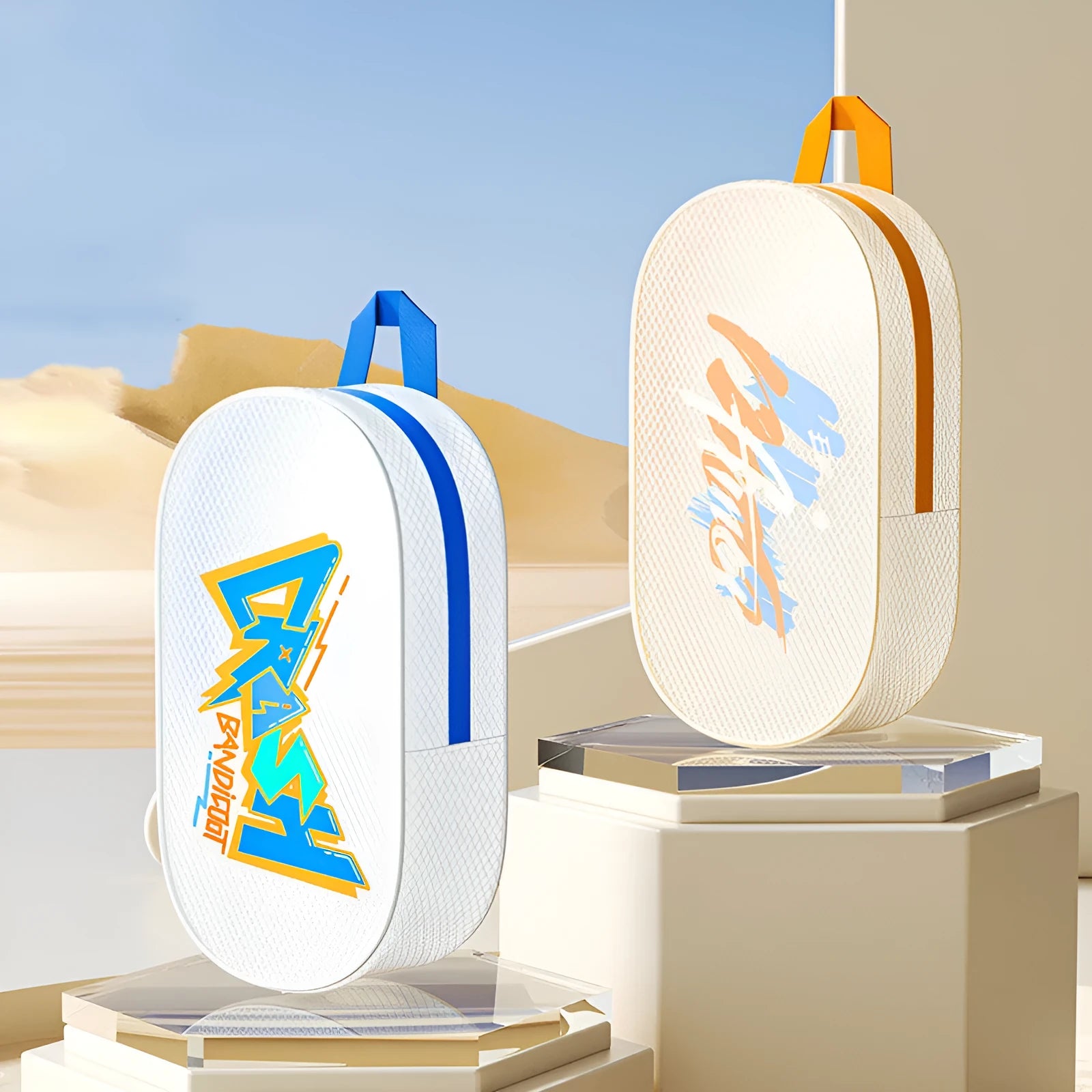 Waterproof EVA swimming storage bag shown in orange colour with 3L and 7L capacity options displayed