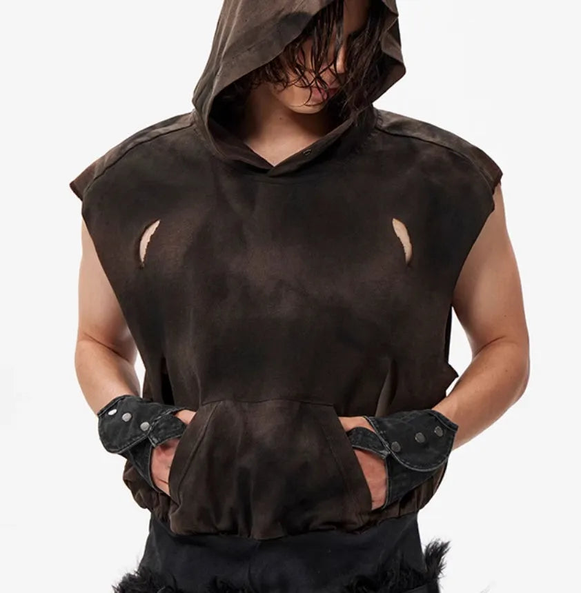 Khaki coloured cotton short-sleeve hood vest on a hanger