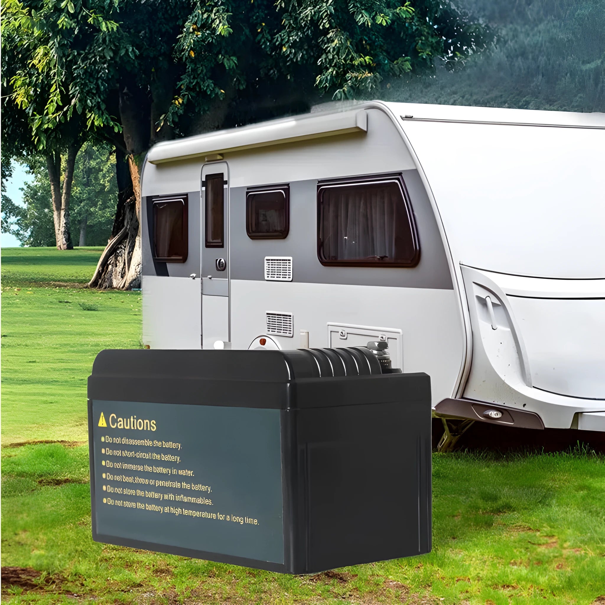 Black 12V 100Ah lithium iron phosphate battery showing terminal connections and housing