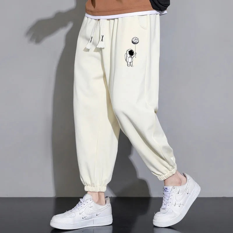 Men's cropped casual tapered trousers in 100% polyester, mid waist, sizes M-4XL, black grey apricot brown