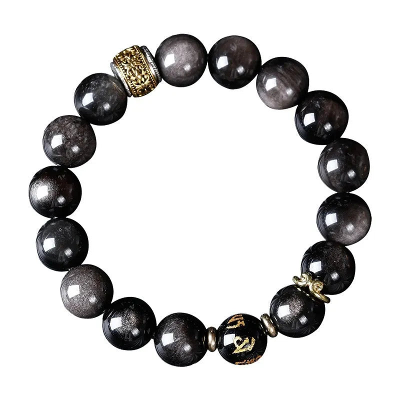 Natural silver stone Buddha beads bracelet 10mm hand toy on surface, unisex design