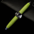Silver metal LED pen with a spinning gyro top and ballpoint tip, shown with multiple coloured ink refills.