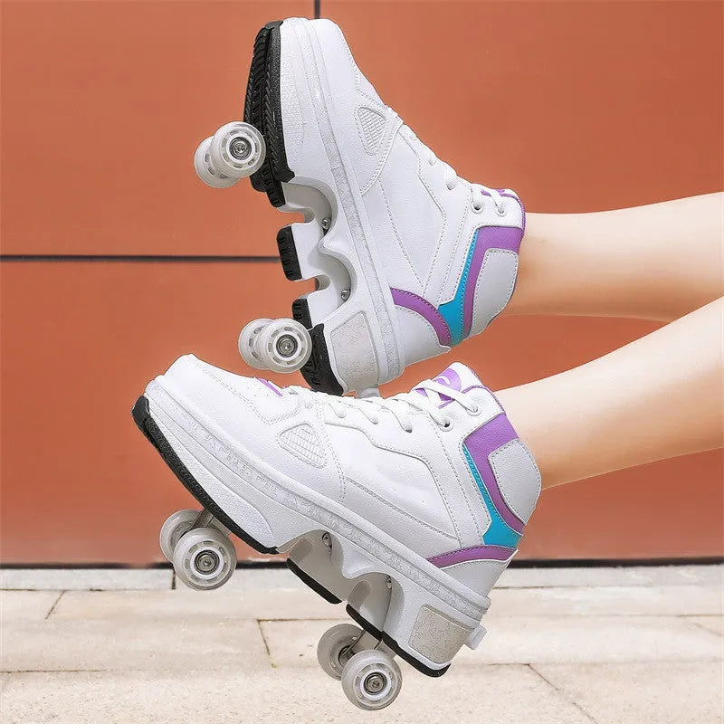 Boys and girls double wheel roller sneakers with retractable PU wheels in purple colour