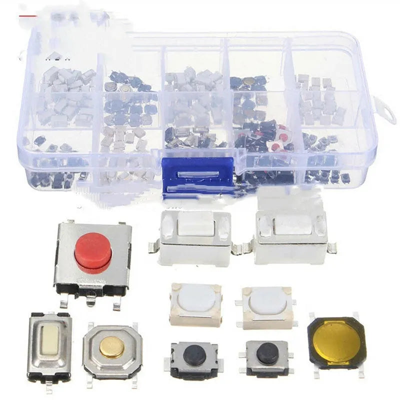 250 SMT touch switch buttons in organised box for industrial electronics assembly