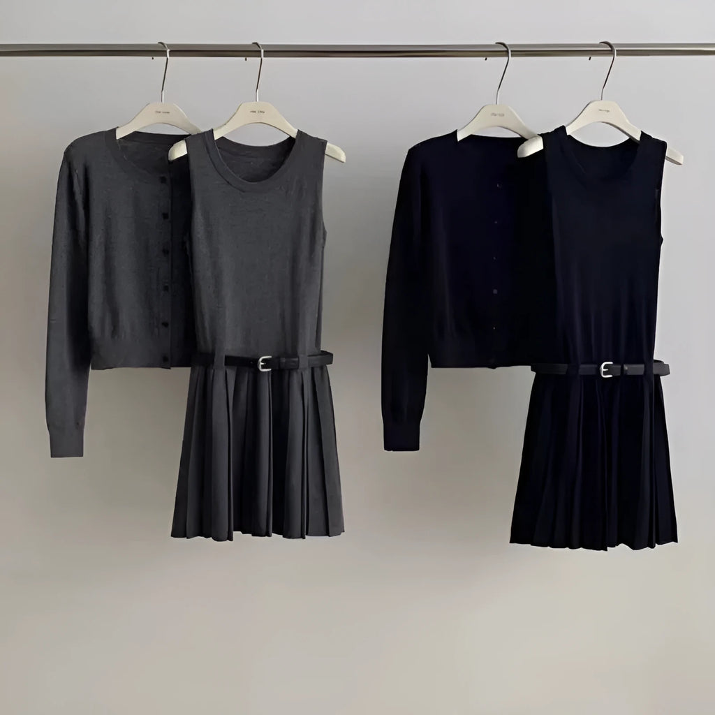 Grey art retro knitted two-piece set for women, showing a vest skirt and long-sleeved cardigan with a belt.