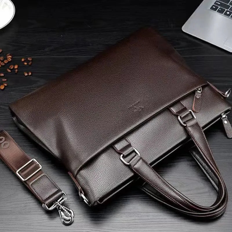 Men's black and brown PU leather messenger bag with splicing design and crossbody strap