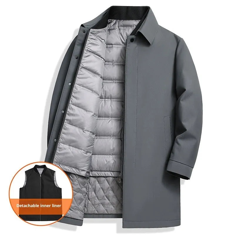 Men's mid-length white duck down business casual jacket in black, gray, and navy blue, 65cm length