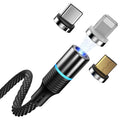 Black magnetic data cable with three detachable heads for Apple Android and Type-C devices, 2m length