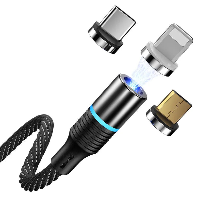 Black magnetic data cable with three detachable heads for Apple Android and Type-C devices, 2m length