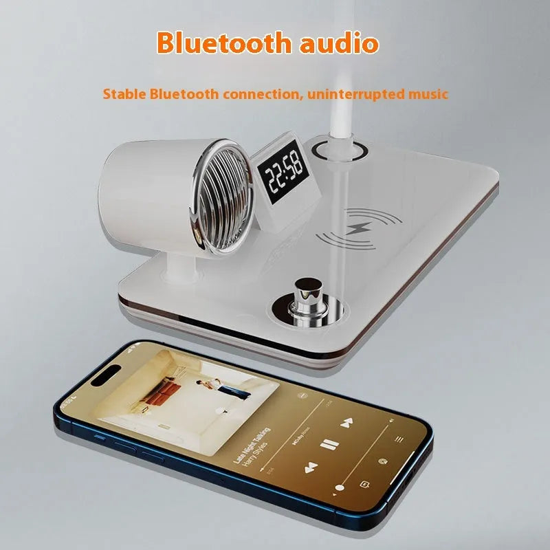 Black and white wireless charging desk lamp with digital clock display and USB power connection